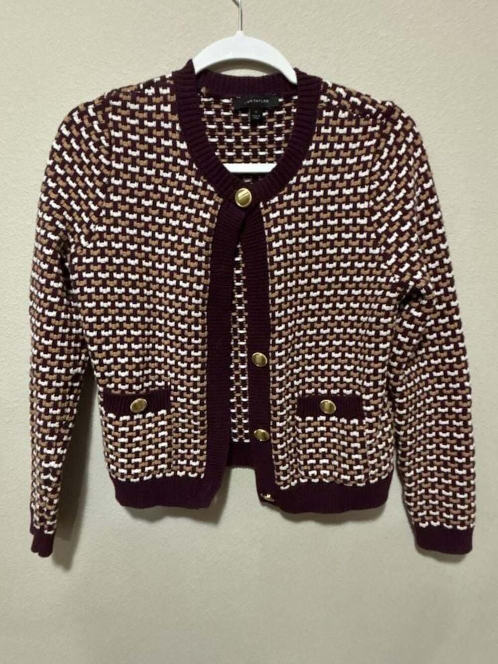 Ann Taylor Houndstooth Knit Cardigan Sweater, Small